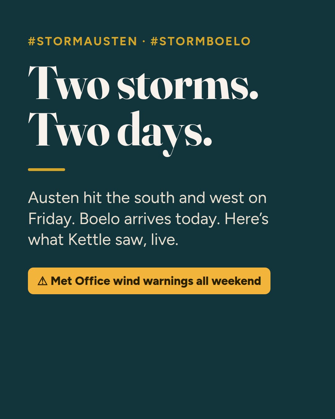 'Two storms. Two days.' Storm Austen and Storm Boelo, with live Kettle screens.