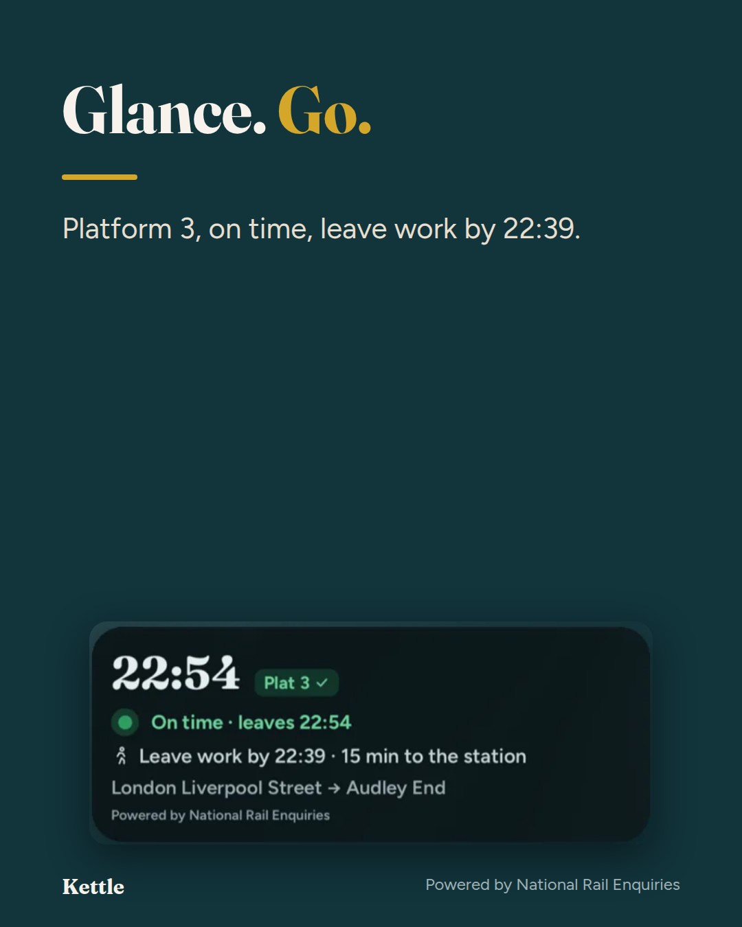 'Glance. Go.' above Kettle's Live Activity before you leave: the 22:54 from London Liverpool Street to Audley End, platform 3 confirmed, on time, leave work by 22:39, 15 minutes to the station.