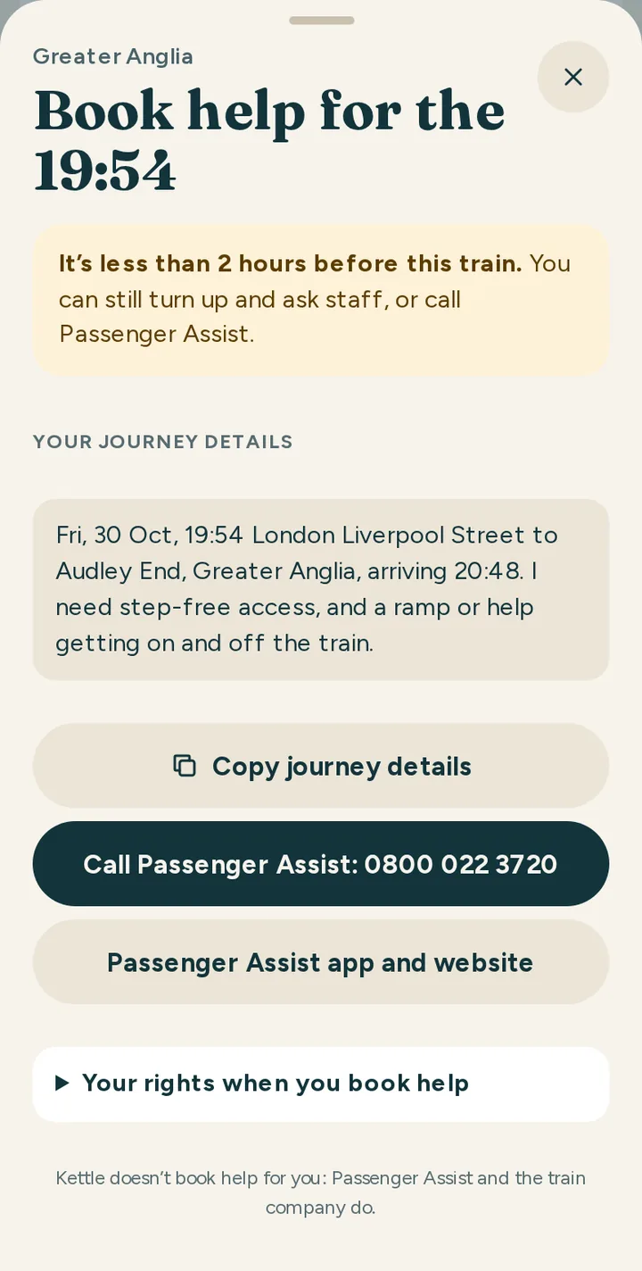 Kettle’s Book help sheet for the 19:24 from London Liverpool Street: when to book by, the journey details ready to copy, and buttons to call Passenger Assist or open its app and website