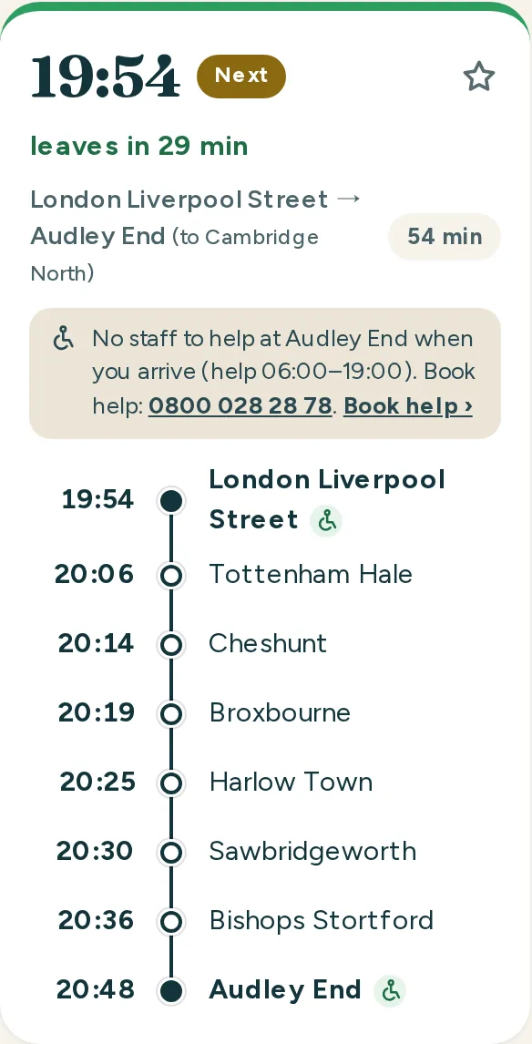 A Kettle train card for the 19:54 from London Liverpool Street to Audley End, saying no staff will be there to help at Audley End when you arrive (help 06:00 to 19:00), with the station’s help number and a Book help link
