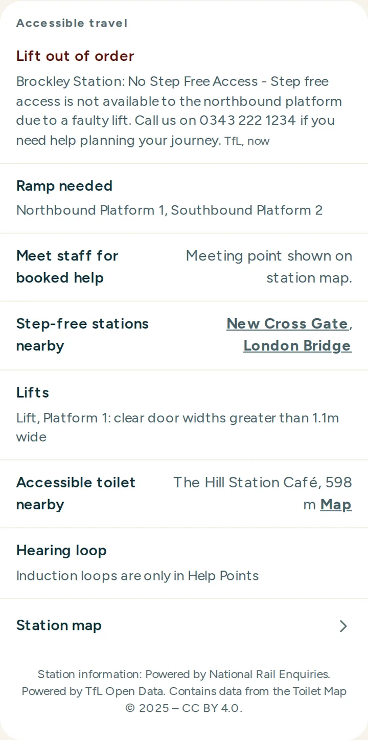 Kettle’s Accessible travel section for Brockley station: a lift out of order (TfL, now), ramps needed on both platforms, where to meet staff, step-free stations nearby, lift door widths and the nearest accessible toilet